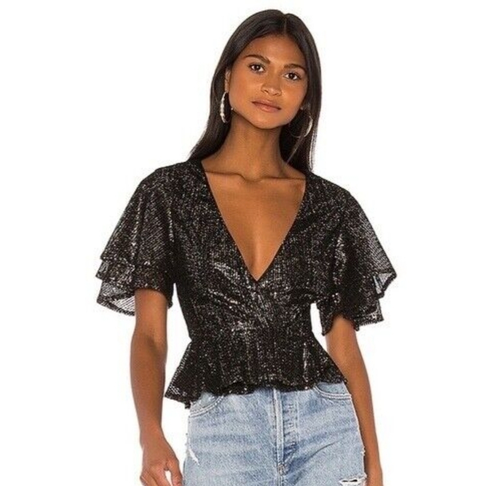 House of Harlow 1960 Revolve Suri Sequin Wrap Top Black Gold NWT
